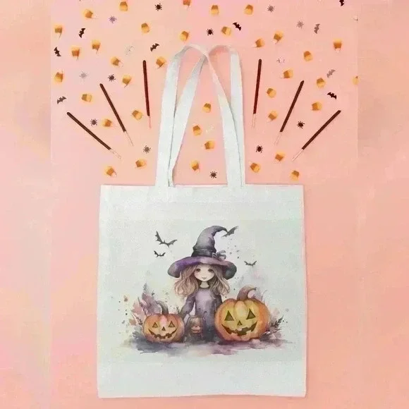 Little Witch Girl in Hat Halloween Canvas Tote Bag - Picture 2 of 2